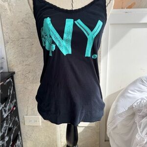 Roxy Black and Green Fitted Tank Top with Distressed NY Design